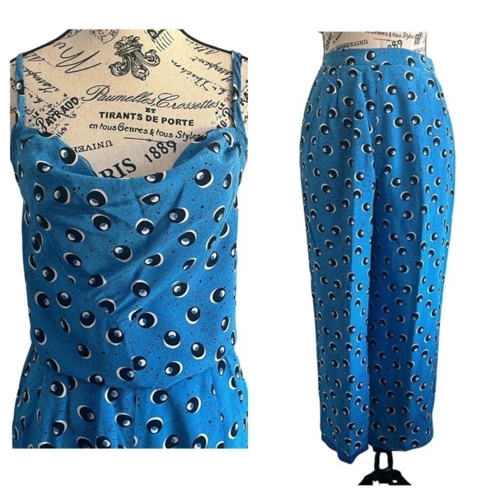 Vintage 80s Bill Haire Designer Blue Silk Set Surrealist Artsy Cami Pants Small